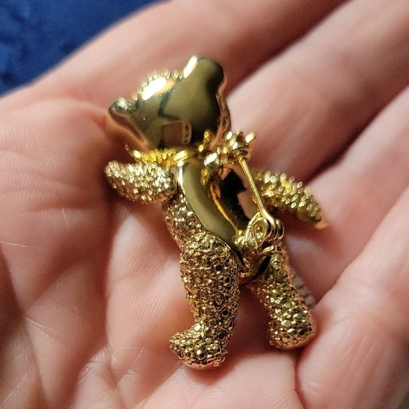 Vintage Jointed Gold Teddy Bear Figurine with Emerald Rhinestone Eyes - Picture 4 of 6